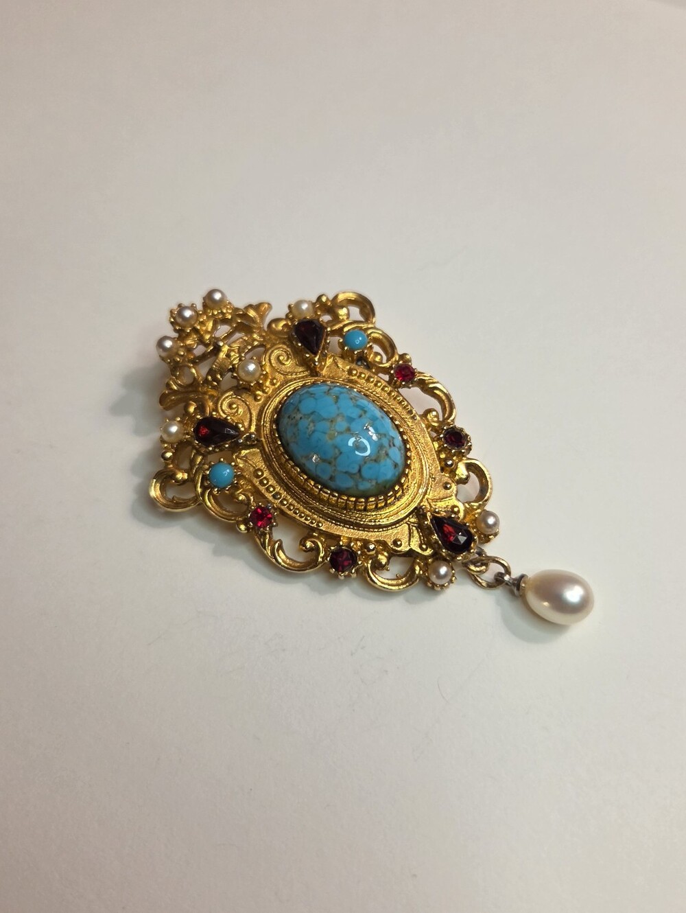 Vintage Renaissance Revival Turquoise-Style Pearl Drop Brooch #3575